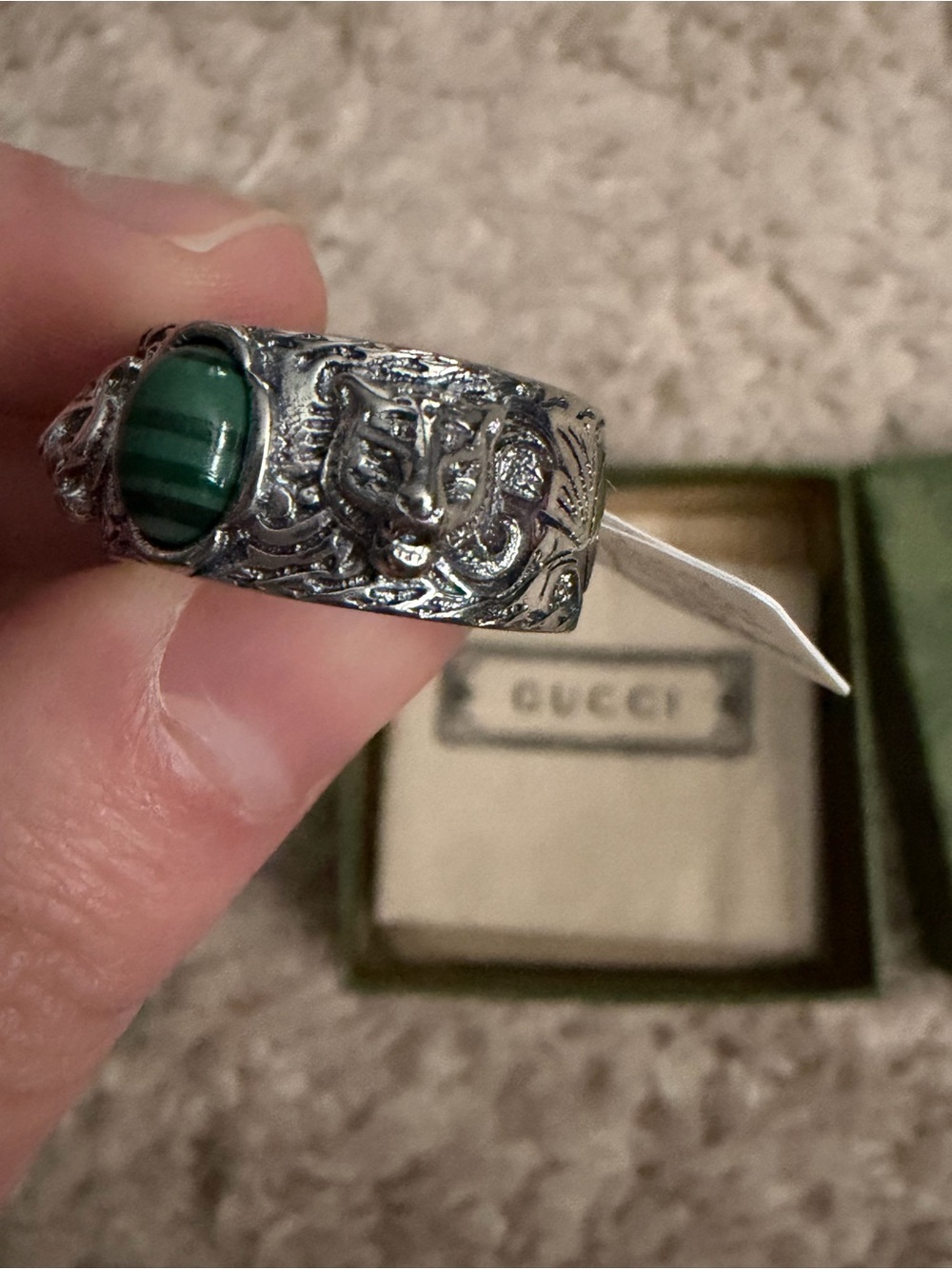 Gucci Garden Feline Head Malachite Ring 925 Ring Size 8 – New with Box